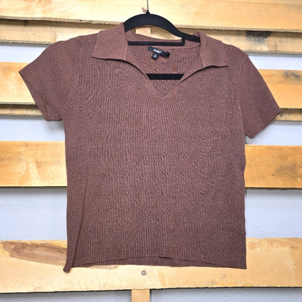 Brown Ribbed Knit Crop Top Size:L